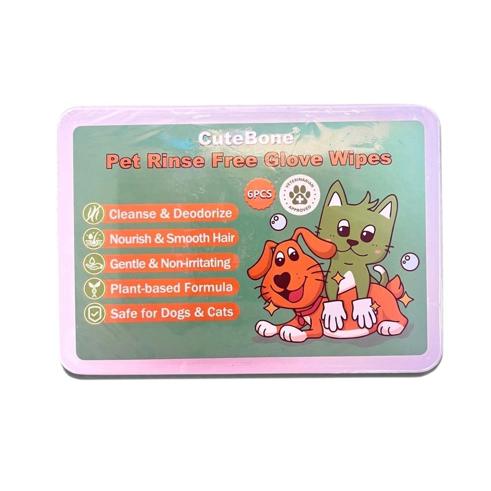 CuteBone Pet Rinse Free Grooming Glove Wipes 6 Count Dogs Cats Waterless NEW